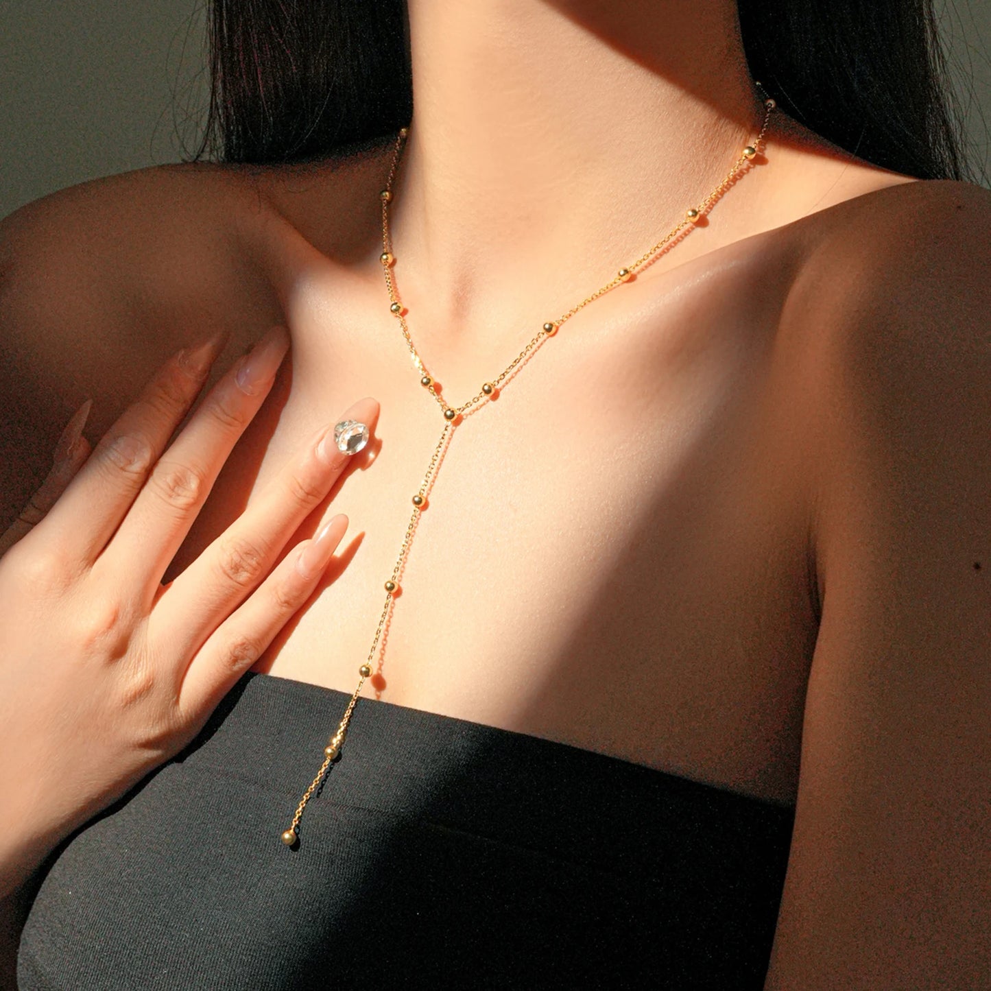 Etterna Gold/Silver Bead Long Necklace Earrings Chain Set