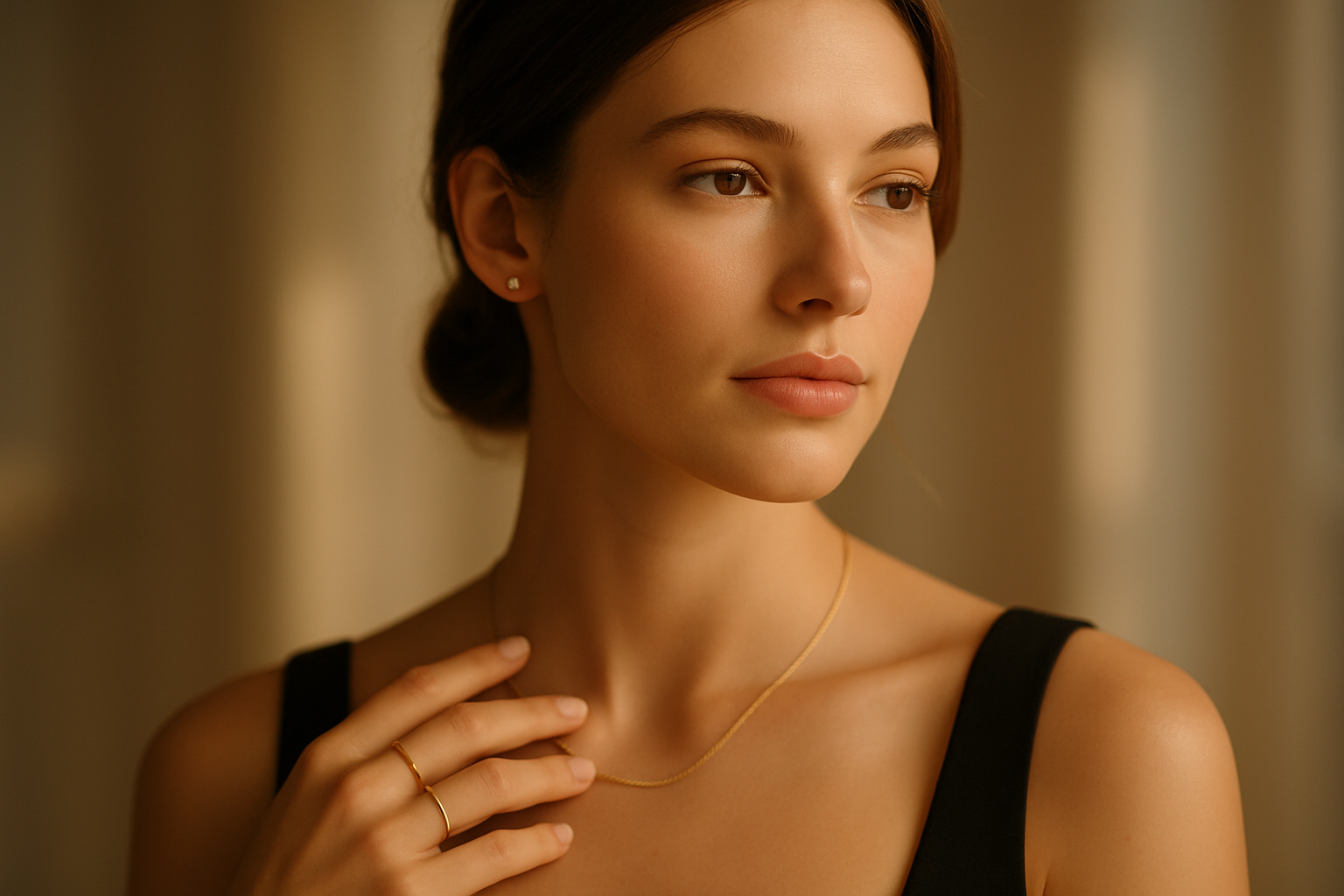 Elegant lifestyle photo of a young woman wearing minimalist gold jewelry (necklace, rings, earrings), soft natural light, warm tones, blurred background, modern luxury aesthetic, editorial photography style, no text, high resolution, perfect for website section image
